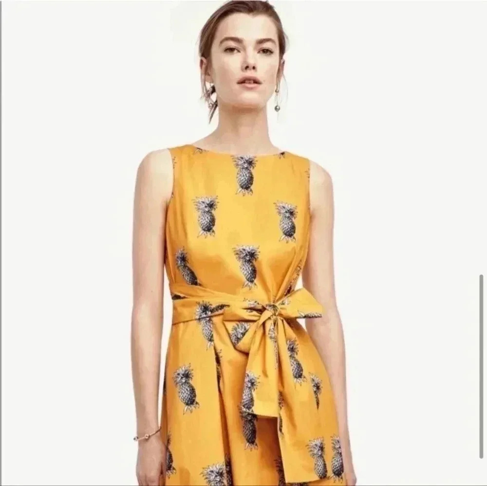 Ann Taylor Yellow Pineapple Print Fit and Flare Midi Dress - Picture 4 of 10
